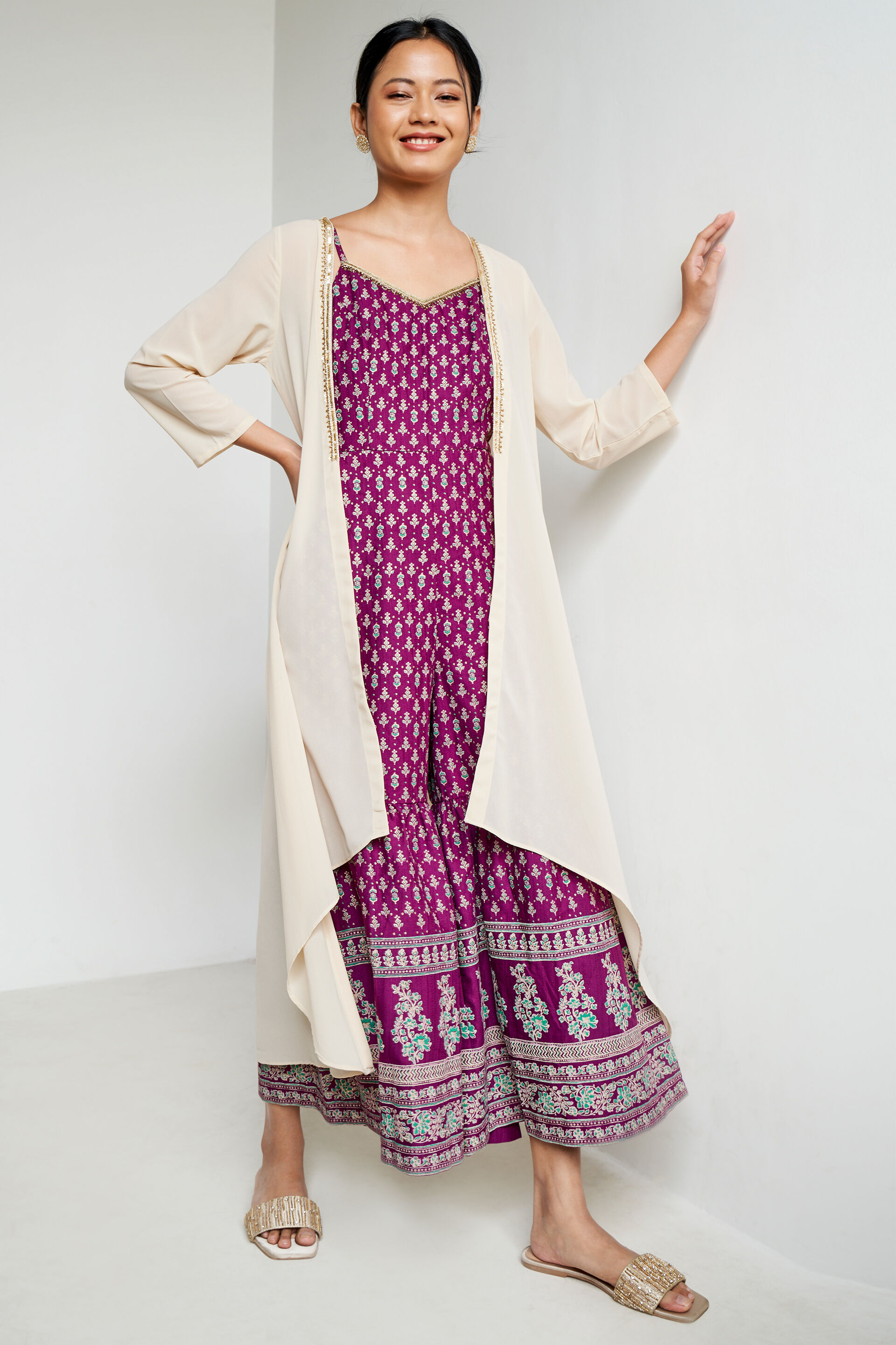 Beige Solid Embroidered Shirt Style Shrug, Beige, image 3